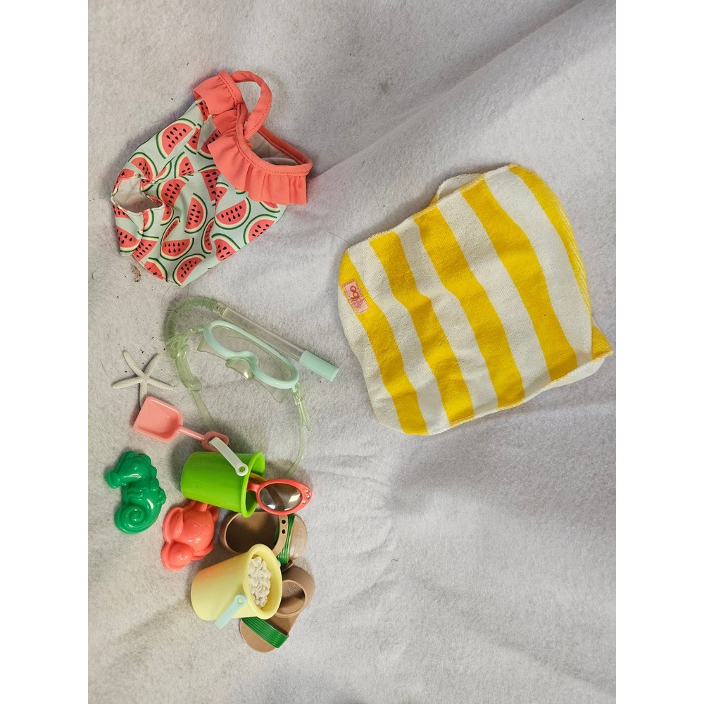 Our Generation Doll Beach Accessory Set Watermelon Swimsuit Towel Snorkel Gear